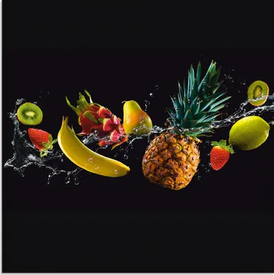 Produktbild von ARTland Glasbild Früchte auf Schwarz mit Wasser Spritzer Größe: 50x50 cm