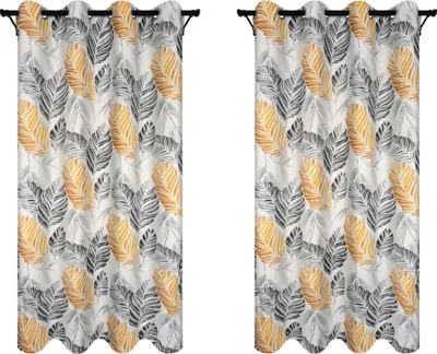 Produktbild von Fertige Vorhänge mit Ösen 140x240 2 Stücke mit grauen und goldenen Blättern Muster blickdichte Gardinen für Wohnzimmer