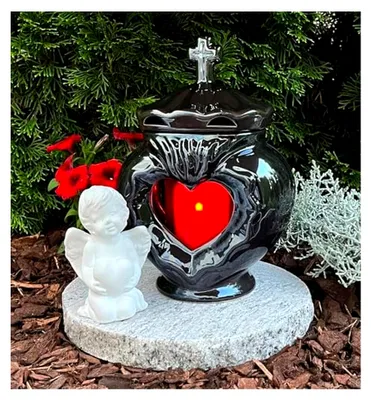 Produktbild von Grablaterne Herz mit Granitsockel und Engel Silber 26,0cm Grablicht Grabschmuck Grablampe Sockel Grabkerze Kerze Grableuchte Lampe Laterne Schutzengel Trauer Friedhof Garten Schutzengel
