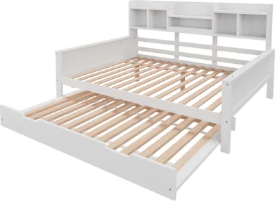 Produktbild von Ausziehbares Schlafsofa 140x200CM Ohne Matratze Massivholz Ausziehbett 90x190CM Weiss Mit Staufach Und Lattenrost Kiefer Multifunktionsbett
