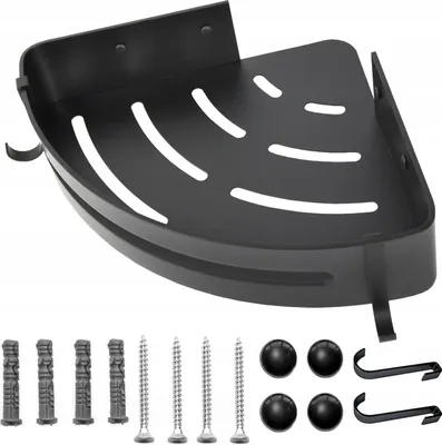 A black corner shelf with included mounting hardware.