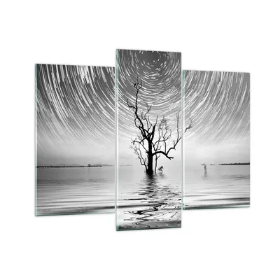 Produktbild von Bilder auf glas - 3 Teile - Schwarzweiß Baum See - 130x100cm - Glasbilder - Wandbilder - Bilder - zum Aufhängen bereit - Wanddekoration aus Glas - Glas Bilder - Wandbild auf Glas - GCB130x100-4253
