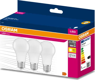 Obrázok produktu pre 3PAK LED žiarovka E27 A60 8,5W = 60W 806lm 3000K Warm 200° OSRAM VALUE