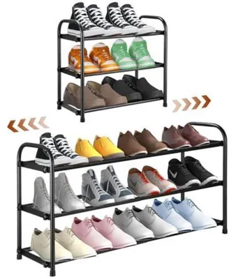 Immagine prodotto di Scaffale porta scarpe estraibile, 3 ripiani, nero, metallo, 45-83 cm, salvaspazio, per 6-12 paia di scarpe