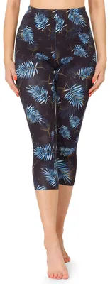 Image de Leggings capri 3/4 pour femme Merry Style, imprimé multicolore sur toute la surface, MS10-411 (bleu marine/feuilles bleues, XS)