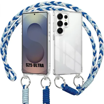 Image de Coque pour Samsung Galaxy S25 Ultra, Bumper Rigide Antichoc Transparent avec Cordon Blanc Bleu