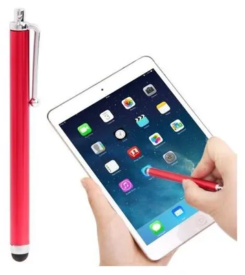 A red stylus pen is shown next to a tablet, with a hand using the stylus on the tablet screen.