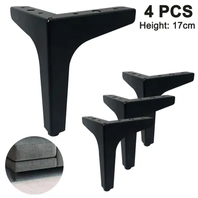 Four black metal furniture legs are displayed against a white background. A small inset image shows the bottom of a grey sofa with similar legs attached.