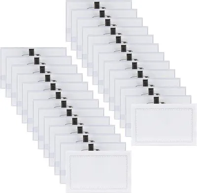 Obrázok produktu pre Priehľadné PVC štítky s nálepkou a špendlíkom – balenie po 50 kusoch – rozmery 5,6 x 9 cm