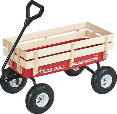 Zdjęcie produktu dla Wózek ręczny dla dzieci VEVOR, 102 cm, wózek transportowy z drążkiem do pchania, wykonany z drewna i metalu, maksymalna nośność 150 kg, idealny dla dzieci od 5 roku życia, do ogrodu, na wycieczki i na plażę, kolor czerwony i czarny.