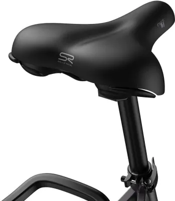 A close-up view of a black bicycle seat and seat post against a white background.