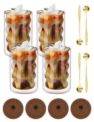 Image de Elzusha - Ensemble de verres Latte Macchiato, 350 ml - Verres en verre borosilicaté à double paroi, avec cuillères et sous-verres