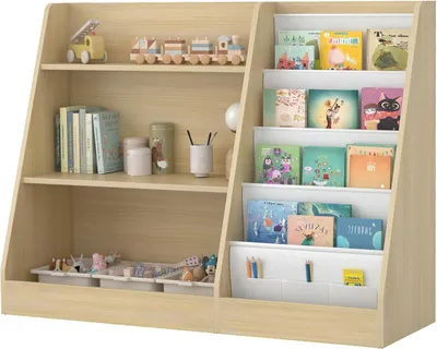 Produktbild von Kinderregal mit 4 Regalen und 3 offenen Fächern, Kinderbücherregal, Kinderzimmerregal, Bücherregal, Aufbewahrungsregal für Kinder, Spielzeug-Organizer