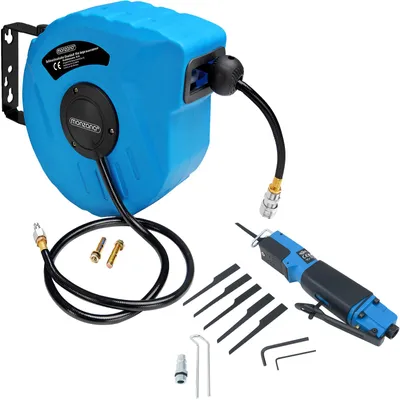 Produktbild von MONZANA® Druckluftschlauch Aufroller Automatisch 10m 1/4" Anschluss Schlauchtrommel 12 bar 180° Schwenkbar inkl Karosseriesäge Druckluft Set Kompressor