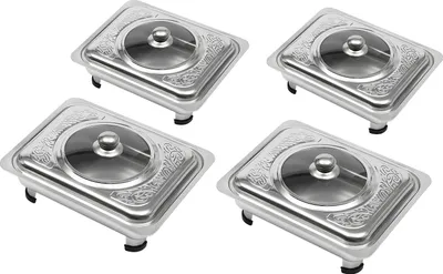 Obrázek produktu pro Sada ohřívačů jídla Chafing Dish – obdélníkové nádoby s víkem – sada 4 ks – nerezová ocel a sklo – pro 7–9 osob – stříbrná barva