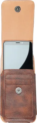 A leather phone case with a phone inside, shown from the front.