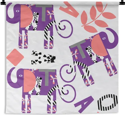 Produktbild von MuchoWow® Wandteppich Wandbehang Elefanten - Blätter - Lila - Muster 90x90 cm Tapisserie Dekoration Wandtuch - Wandaufhänger