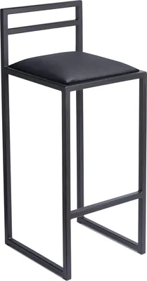 A black bar stool with a metal frame and a padded seat is shown against a white background.