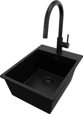 A black kitchen sink with a black faucet against a white background.