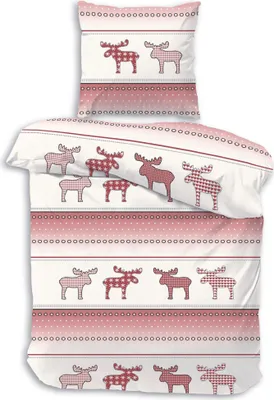 A duvet cover and pillowcase set with a red and white moose pattern.