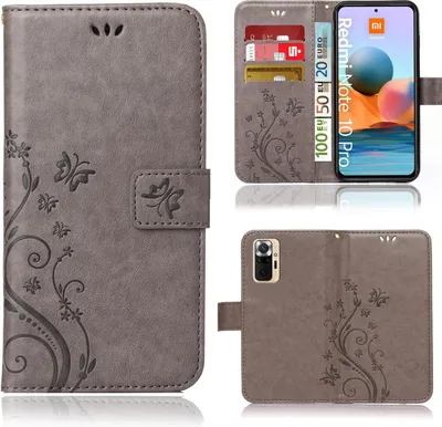 Produktbild von Handy Tasche für Xiaomi Redmi Note 10 Pro / Note 10 Pro Max  Schutz Hülle Handyhülle mit Blumenmuster Klapp Hülle mit Standfunktion und Kartenfächer Grau