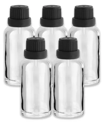 Produktbild von 5x Klarglasflasche 30 ml mit schwarzem Tropfer Tropfeinsatz 18/415 Set