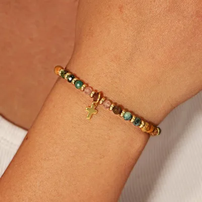 Produktbild von Armband Damen Naturstein mit Kreuz – Verstellbares Perlenarmband mit goldfarbenem Anhänger, Geschenk zu Taufe Kommunion Alltag, J0739