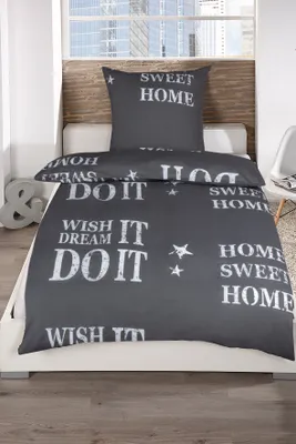 Produktbild von Bettwäsche HOME SWEET HOME Anthrazit Renforcé 100% Baumwolle 135x200 Bettbezug + 80x80 Kissenbezug mit Reißverschluss (4 teilig)