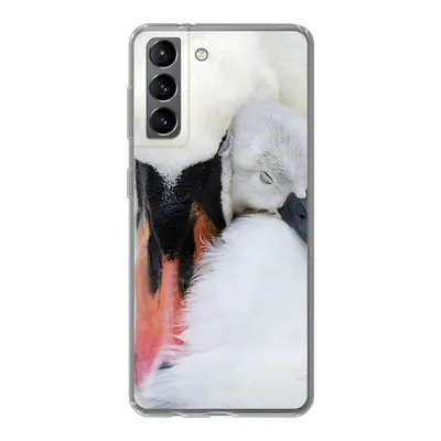 Produktbild von MuchoWow® Handyhülle Schutzhülle Hülle für Samsung Galaxy S21 Nahaufnahme eines Schwans mit Jungen Silikon Softcase Handy Hülle - Softcase