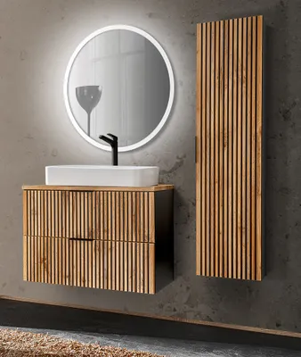 Produktbild von Badezimmer Set mit Waschplatz und Hochschrank XANTEN-56 in anthrazit mit Eiche Nb. schwarz gerillt, B/H/T: 130/200/46,5 cm