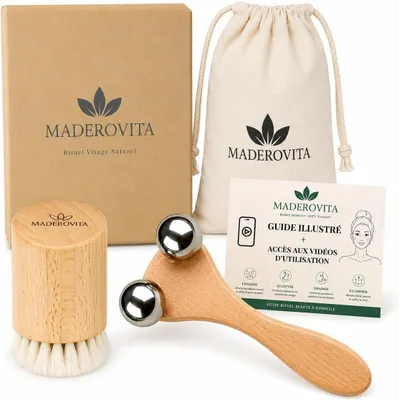 Imagen del producto de Kit de drenaje linfático facial: rodillo criogénico y cepillo de madera natural