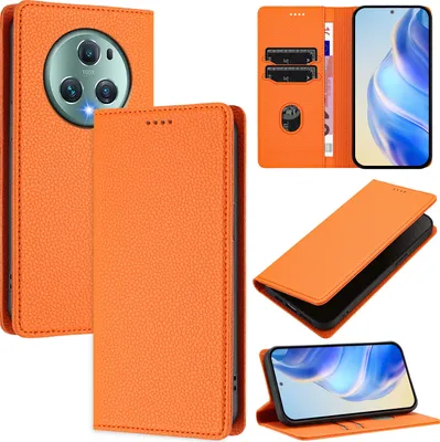 Produktbild von Litchi Leder Handyhülle für Honor Magic5 Pro Wallet Kartenfächer Standfunktion Hülle Orange