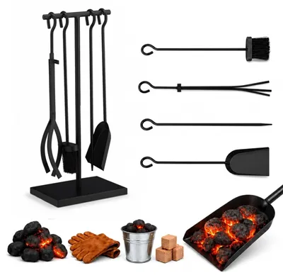 Produktbild von Relaxdays Kaminbesteck 5 tlg., modern, Kamingarnitur mit Schürhaken, Zange, Kaminbesen, Ascheschaufel & Ständer, schwarz, KI-generiertes Bild