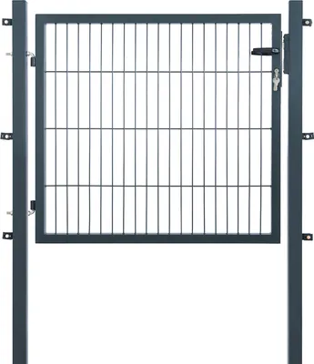 A dark gray metal garden gate with a wire mesh infill, attached to a dark gray post on the left and a dark gray post on the right. The gate has a black handle and a silver lock mechanism.