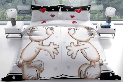 Produktbild von 4-teiliges Mikrofaser Bettwäsche-Set Partnerdesign Bärchen & Herzen in Weiß Braun 135x200 cm mit Reißverschluss