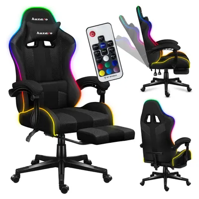 Produktbild von Huzaro Force 4.7 RGB | LED Gaming Stuhl Computerstuhl | 90-140° Neigungswinkel | Kopfstütze Lendenkissen Höhenverstellbar Fußstütze | 140 kg | Schwarz