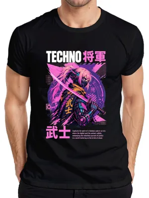 Zdjęcie produktu dla T-shirt męski, czarny, rozmiar S. Motyw: Techno, samuraj, cyberpunk, anime, Japonia, lata 2000, synthwave