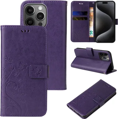 Produktbild von Handyhülle für Apple iPhone 15 Pro Max Floral Blumen Schmetterling Flip Cover Hülle Case Klapphülle Handytasche Farbe: Violett