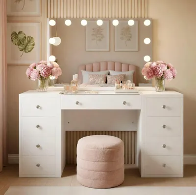Immagine prodotto di Tavolino da trucco con specchio - Tavolino per il trucco - Organizzatore per cosmetici - Con illuminazione a LED - Larghezza 143 cm - Bianco