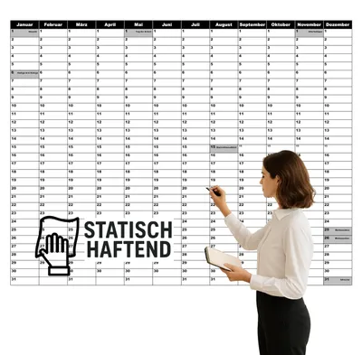 Produktbild von Wandkalender statisch selbsthaftend Wandplaner Jahreskalender Jahresplaner selbsthaftend abwischbar - haftet OHNE Klebstoff hinterlässt keine Rückstände - undatiert, Dauerkalender (100x94cm)