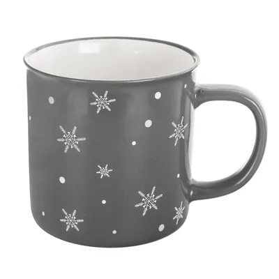 Produktbild von Keramikbecher in Grau mit Schneeflockenmotiv, mikrowellengeeignet