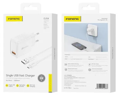 Zdjęcie produktu dla Foneng Ładowarka Sieciowa Eu54 18W 1Xusb Qc3.0 + Kabel Micro Usb Biały