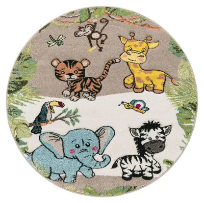 Produktbild von TT Home Kinderzimmer Teppich Dschungel Zoo Tiere Zebra Tiger Löwe Affe Beige Creme Größe 120 cm Rund