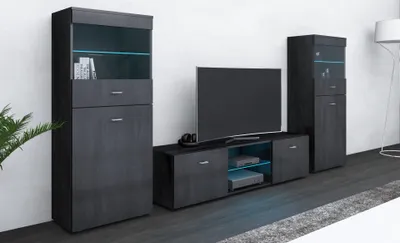 A modern living room furniture set with a TV stand and two cabinets.