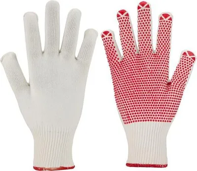 Produktbild von Baumwoll-Feinstrickhandschuh weiß Handinnenfl. rot benoppt Pack = 12 Paar Gr.11 3685