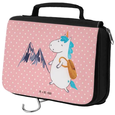 Produktbild von Mr. & Mrs. Panda Kulturbeutel Einhorn Bergsteiger - Rot Pastell - Geschenk, Abenteuer, Einhörner, Urlaub, Waschtasche, Kulturtasche, Unicorn, beautycase, Weltreise, Berge