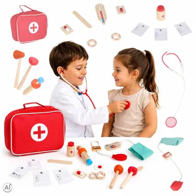 Obrázok produktu pre Drevená lekárska sada KIK Malý doktor s taškou a 16 doplnkami
