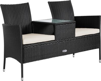 CASARIA® Gartenbank Sitzbank inkl. Auflagen Wetterfest Polyrattan 320kg Belastbar Tisch Ablage UV-beständig Garten Balkon Bank 2-Sitzer 143x55cm Schwarz
