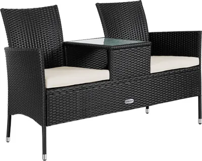 Produktbild von CASARIA® Gartenbank Sitzbank inkl. Auflagen Wetterfest Polyrattan 320kg Belastbar Tisch Ablage UV-beständig Garten Balkon Bank 2-Sitzer 143x55cm Schwarz