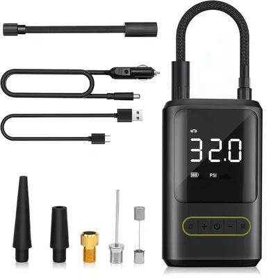 Produktbild von Elektrische Luftpumpe mit 4000mAh Akku, 150PSI, Tragbar Fahrradpumpe,LED Licht, USB und Autoaufladung, Mini Kompressor für Alle Ventile,Auto,Fahrrad